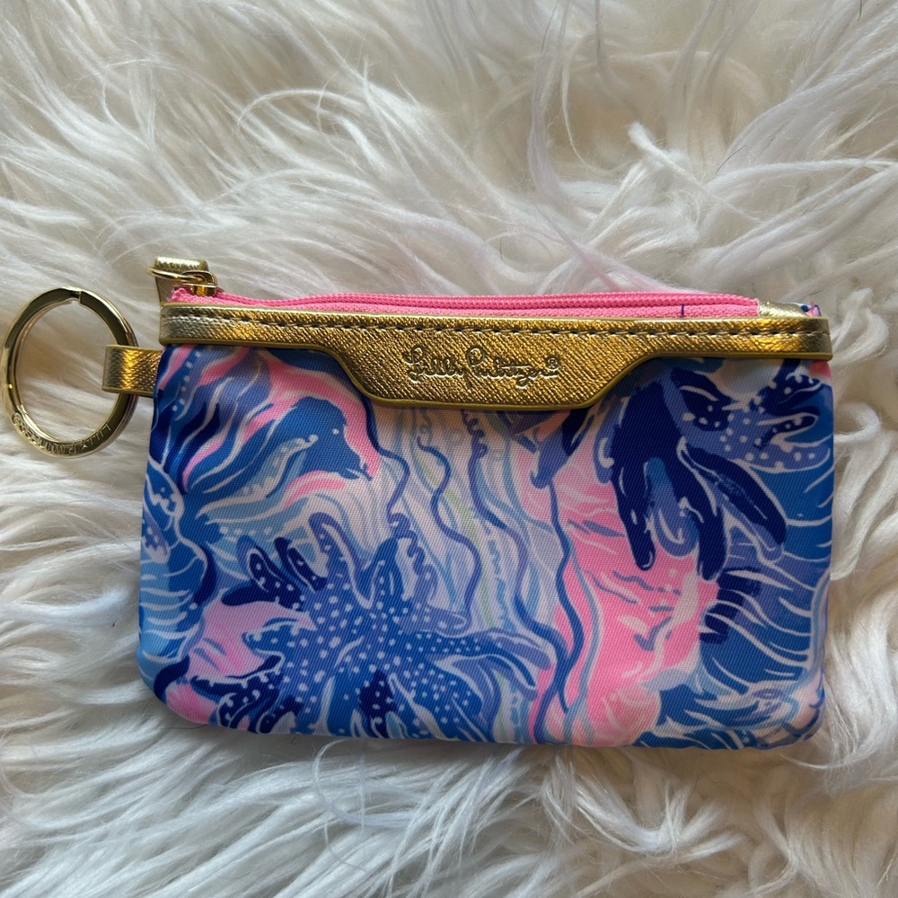Lilly Pulitzer Blue and Pink Floral ID Pouch with keychain
